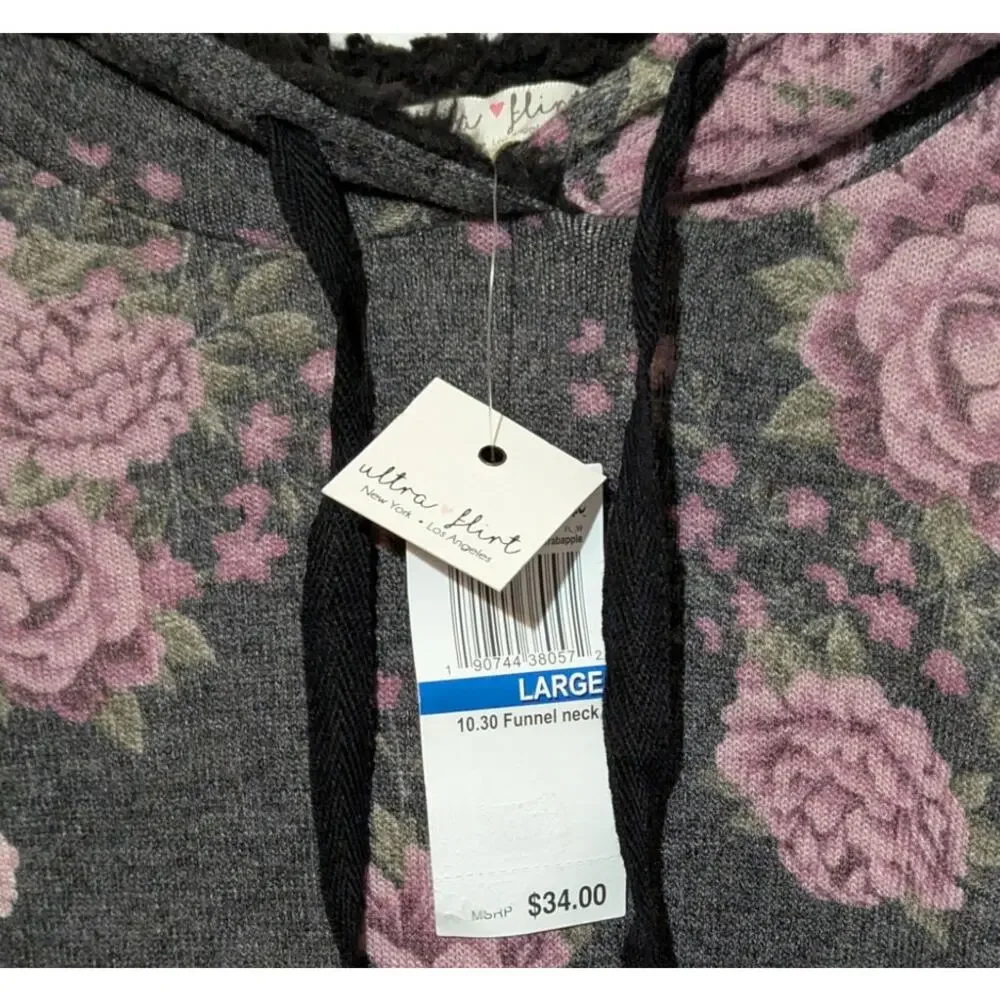Ultra Flirt Large Gray Lightweight Sherpa Lined Hoodie Pink Floral Tunic To, L - Picture 3 of 9